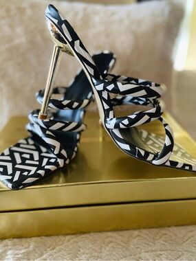 Stylish Black & White Patterned Strappy High-Heel Sandals